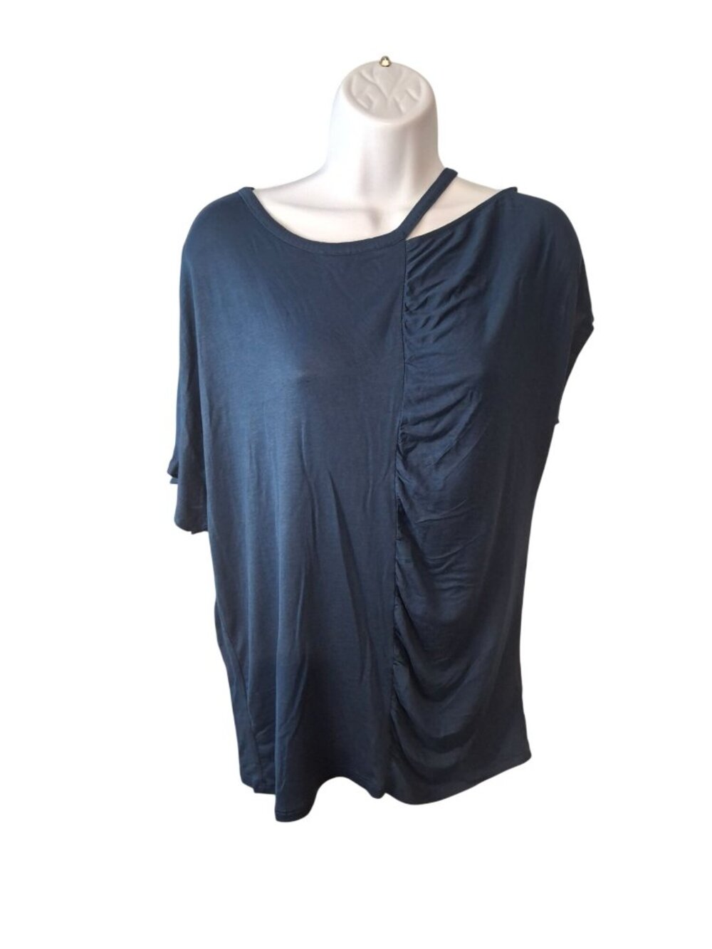 H By Bordeaux  Asymmetrical Ruched Top M Blue Boho Chic Y2K Stretch Blouse